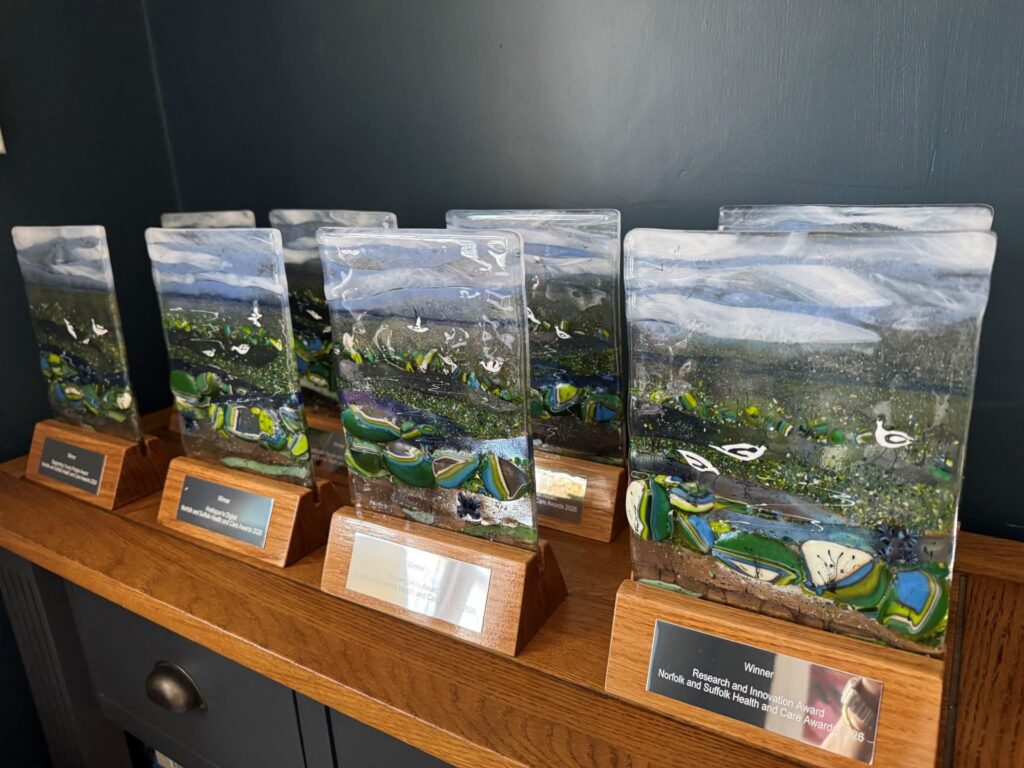 Expo awards lined up on a table prior to being presented