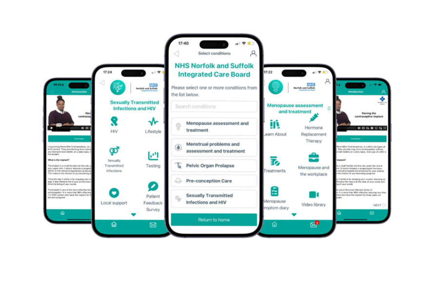 Five smartphone screens showing different areas of the Women's Health app.