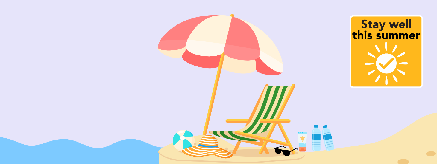 A deck chair on a beach with a ball, hat, sunglasses, suncream, parasol and water, with the Stay Well this Summer logo in the top corner.
