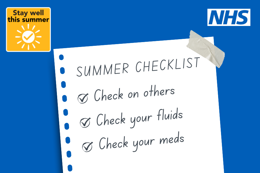 A piece of paper with the following words on: Summer Checklist, Check on others, Check your fluids, Check your meds. Also a square yellow logo with a sun and the words Stay well this summer.