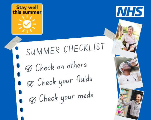 Collection of polaroid photos featuring an older person in the garden, an athlete drinking water and a pharmacist. A checklist reads: "check on others, check your fluids and check your meds".