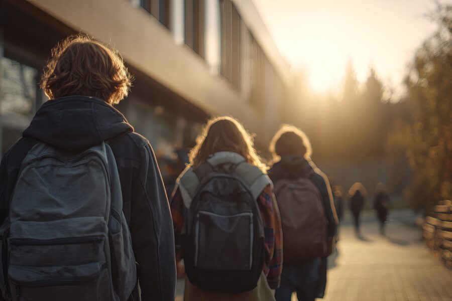 Picture shows backs of three schoolchildren walking next to a building with two more in the distance.