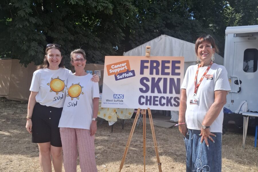 Skin cancer nurses at Latitude standing beside a sign saying 'Free skin cancer checks'