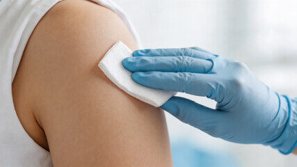 Photograph shows a clinician's hand pressing a cotton pad on a patient's arm after a vaccination.