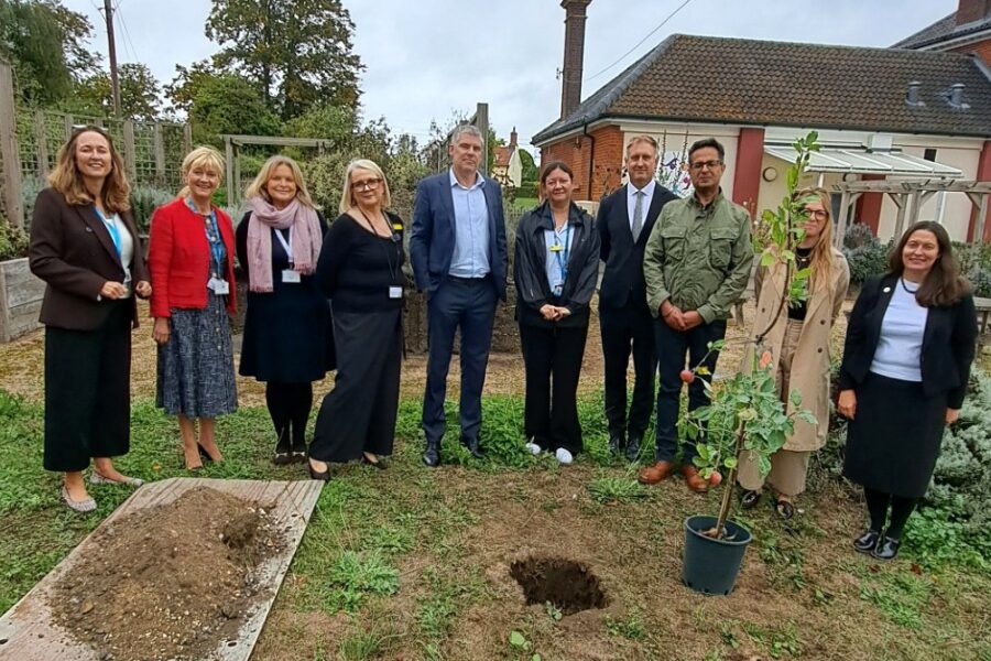 Representatives from Suffolk LMC, Norfolk and Waveney LMC, Norfolk and Suffolk NHS Foundation Trust, NHS Norfolk and Suffolk Integrated Care Board, Doctors in Distress, NHS Practitioner Health and other partners at Hartismere Hospital, where a memorial tree was planted on NHS Worker Suicide Awareness Day to remember healthcare colleagues who have died by suicide and mark the launch of the new Wellbeing and Postvention programme.