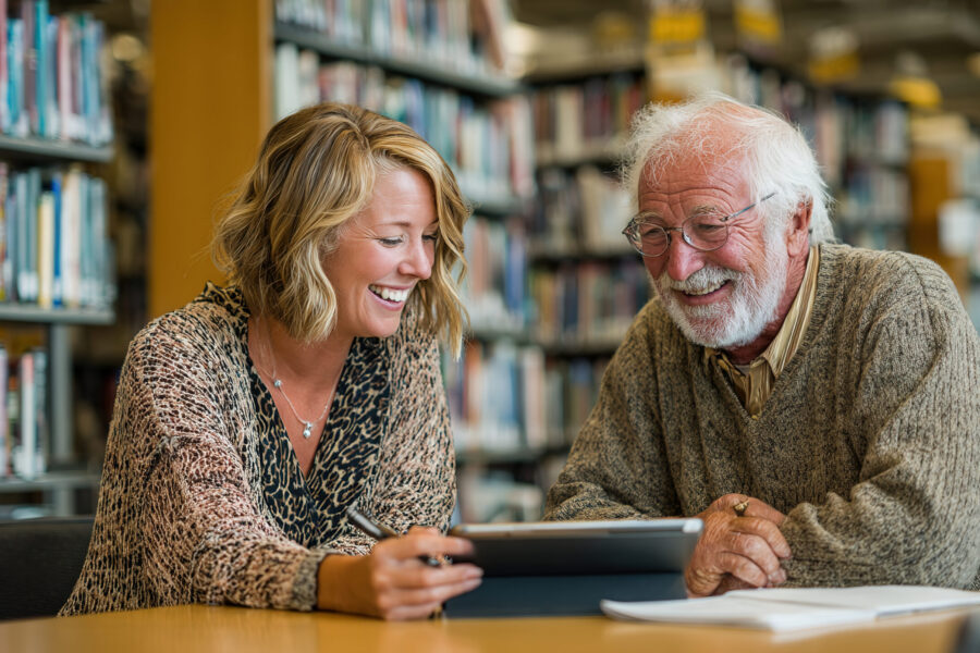Librarian helps older man with a laptop.